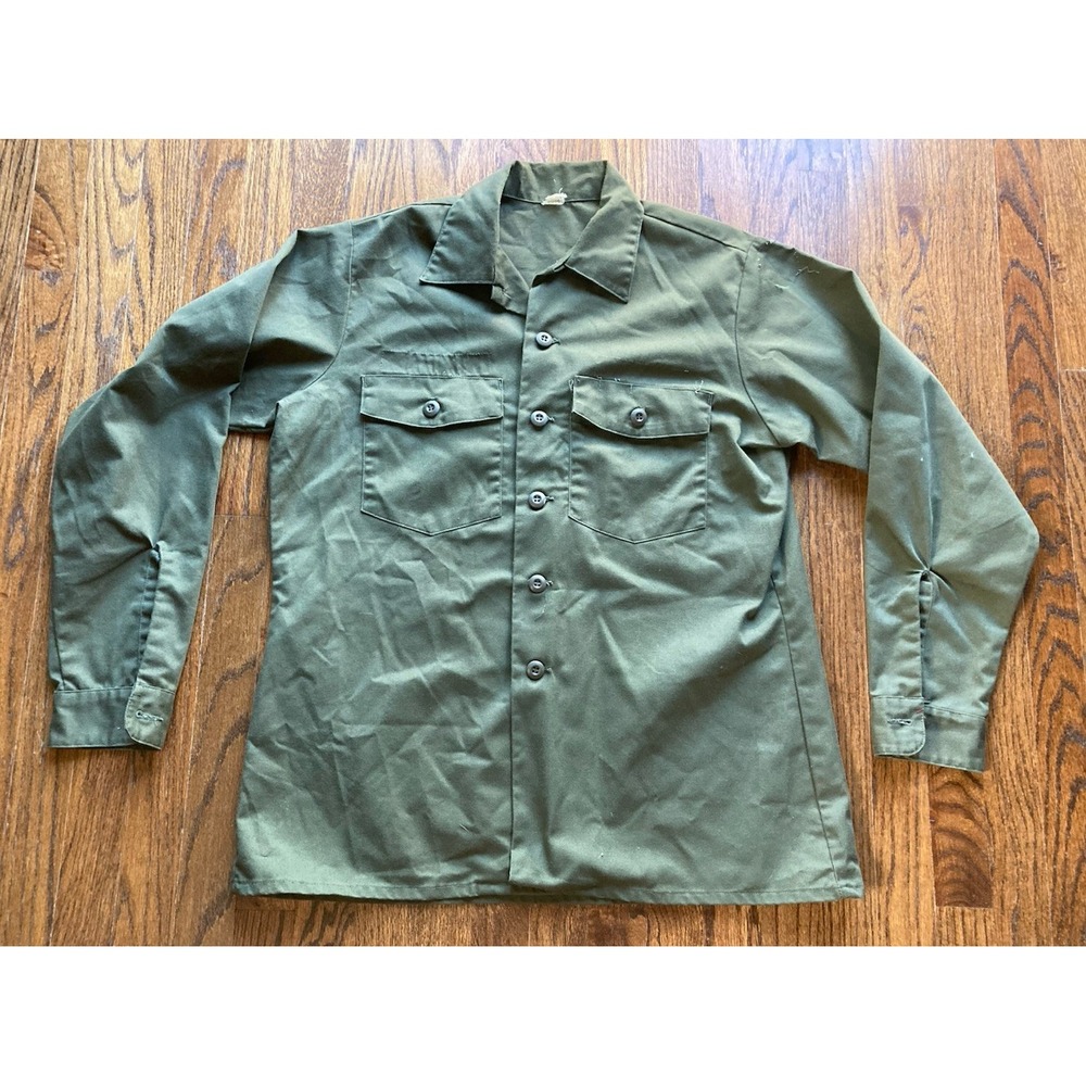 Vintage 70s OG-507 Shirt Mens XL Vietnam US Army Sateen Fatigue Uniform Green